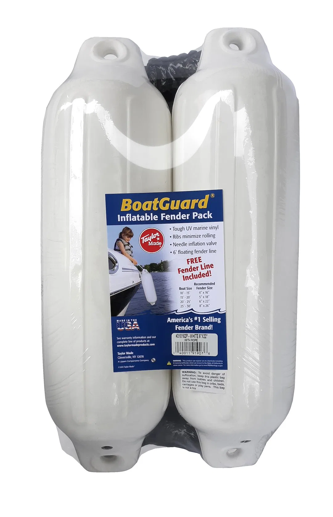 310132P – TAYLOR MADE Boat Fender, White Ribbed Round 4 Inch Diameter x 16 Inch Length Vinyl With Needle Type Valve F...